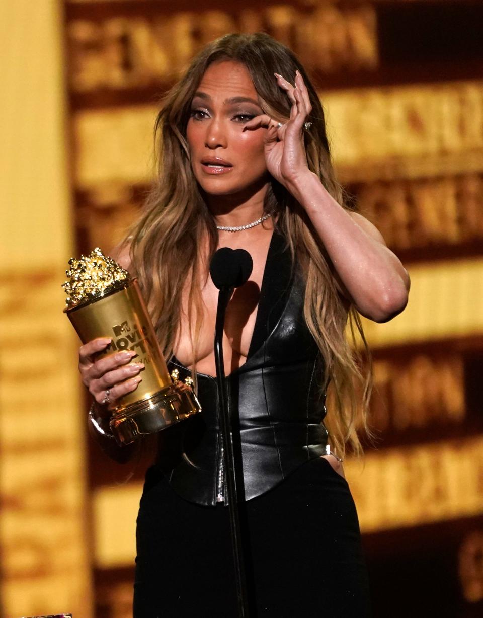 Jennifer Lopez accepts the generation award at the MTV Movie and TV Awards on Sunday, June 5, 2022, at the Barker Hangar in Santa Monica, Calif.