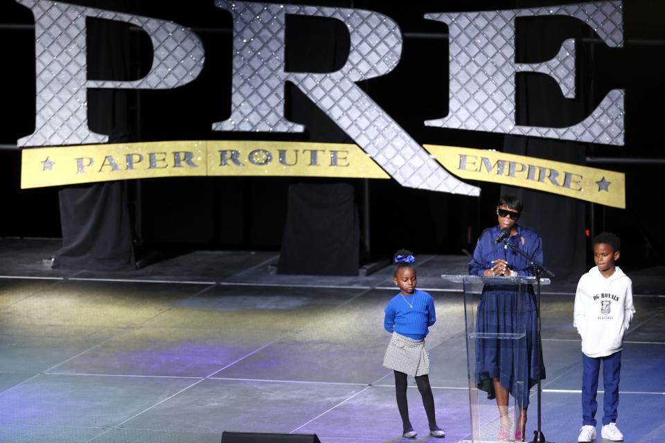 Young Dolph's long time partner Mia Jaye and their children Tre Tre and Ari speak to the crowd gathered during a celebration of life tribute for late rapper at FedExForum on Thursday, Dec. 16, 2021.