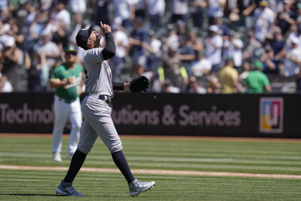 New York Yankees pitcher Albert Abreu reacts after striking out Oakland Athletics' Ryan Noda for the final out of a baseball game in Oakland, Calif., Thursday, June 29, 2023. The Yankees won 10-4. (AP Photo/Godofredo A. Vásquez)