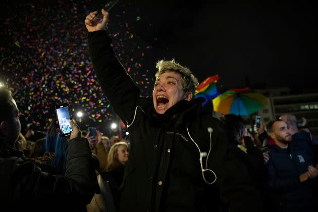 A supporter of the same-sex marriage bill celebrates the legislation's passage during a rally at central Syntagma Square, in Athens, Greece, on Feb. 15, 2024.