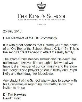 The statement released by The King's School, informing the students of Stuart's death. Photo: Supplied