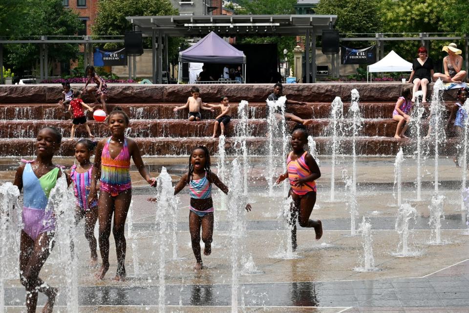 The 7,000-square-foot interactive water feature at Washington Park includes over 130 pop-up jets that can be synchronized to music and lights.