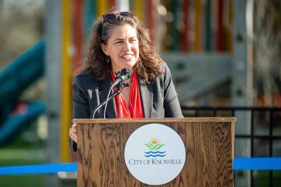 Knoxville Mayor Indya Kincannon gives a few remarks during a ribbon-cutting ceremony for the Fort Kid playground in downtown Knoxville on March 6. She will unveil her 2023-24 budget during her State of the City address on Wednesday, April 26.