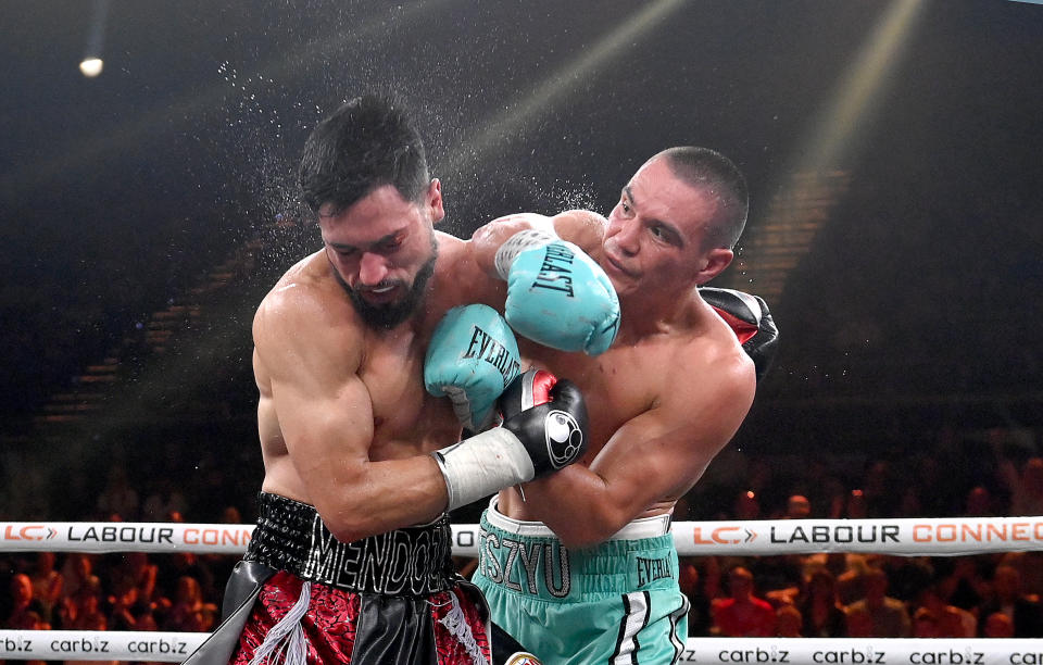 Tim Tszyu successfully defended his WBO super welterweight belt for the first time against American Brian Mendoza with a unanimous points decision victory. Image: Getty

