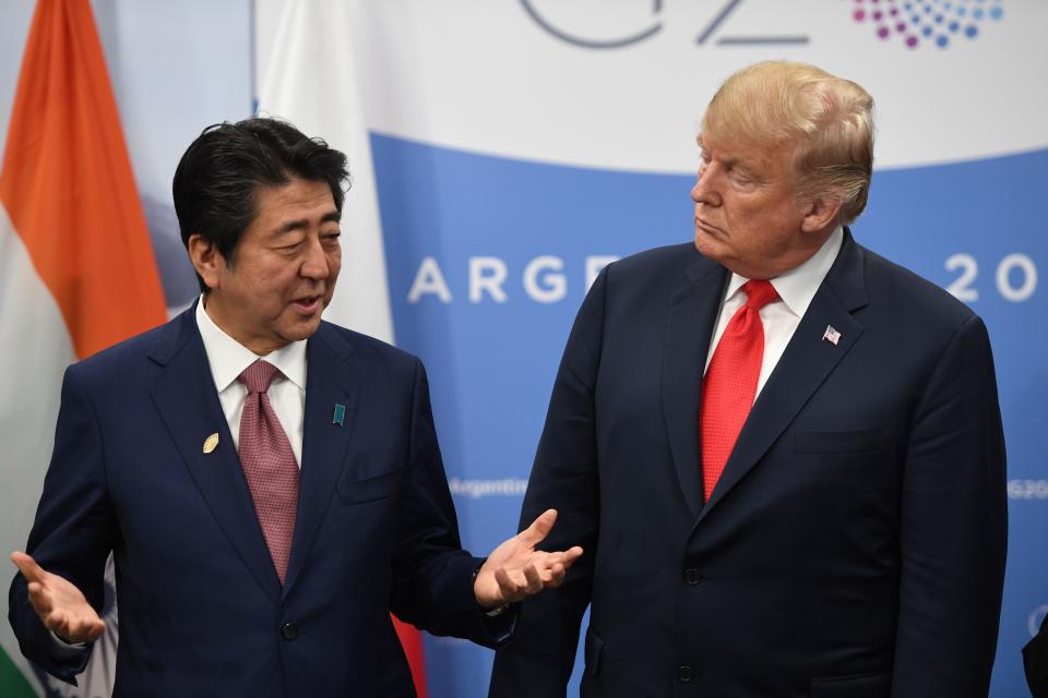 President Donald Trump and Japanese Prime Minister Shinzo Abe speak at last year's G-20 summit in Buenos Aries.