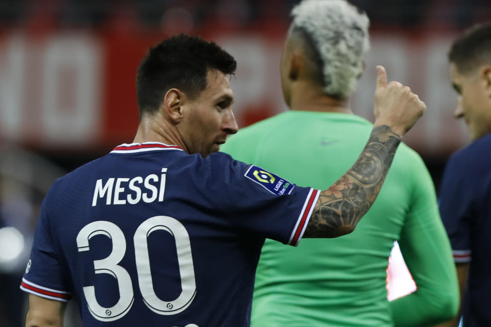 Lionel Messi during the French championship Ligue 1 football match between Stade de Reims and Paris Saint-Germain on August 29, 2021 at Auguste Delaune stadium in Reims, France  (Photo by Mehdi Taamallah/NurPhoto via Getty Images)