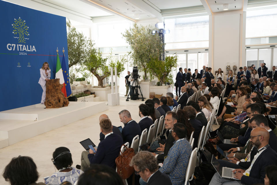 Italian Prime Minister Giorgia Meloni speaks during a final media conference at the G7 in Borgo Egnazia, near Bari in southern Italy, Saturday, June 15, 2024. (AP Photo/Domenico Stinellis)