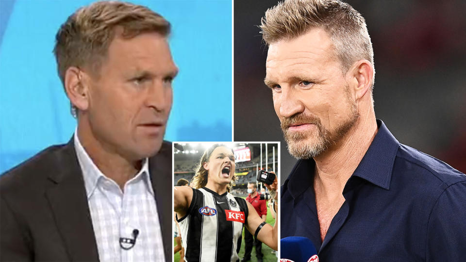 Kane Cornes and Nathan Buckley had had an amusing difference of opinion regarding Collingwood youngster Jack Ginnivan's exuberant celebrations on after Friday night's win over St Kilda. Pictures: Channel 9/Getty Images