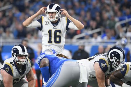 Dec 2, 2018; Detroit, MI, USA; Los Angeles Rams quarterback Jared Goff (16) during the game against the Detroit Lions at Ford Field. Mandatory Credit: Tim Fuller-USA TODAY Sports