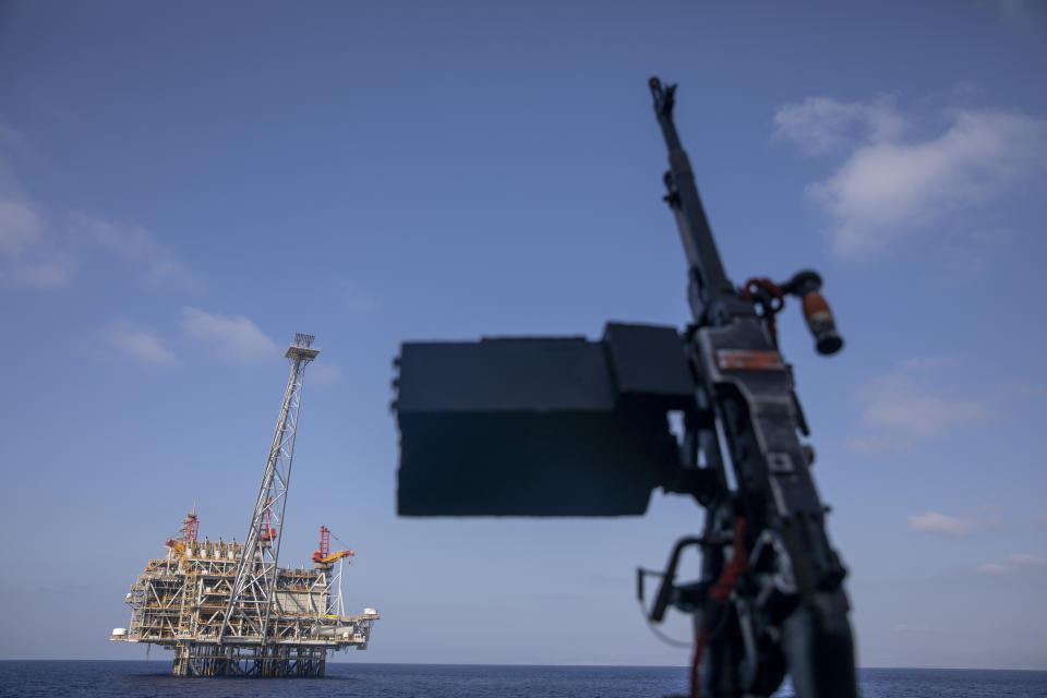 Israel's offshore Leviathan gas field is seen from on board the Israeli Navy Ship Lahav during a rare tour in the Mediterranean Sea, Israel, Tuesday, Sept. 29, 2020. After a coronavirus-related delay, Israel's navy is preparing for the long-awaited arrival of its next generation of missile boats - giving it a powerful new tool to defend its strategic natural gas industry from the threat of the Lebanese militant group Hezbollah. (AP Photo/Ariel Schalit)