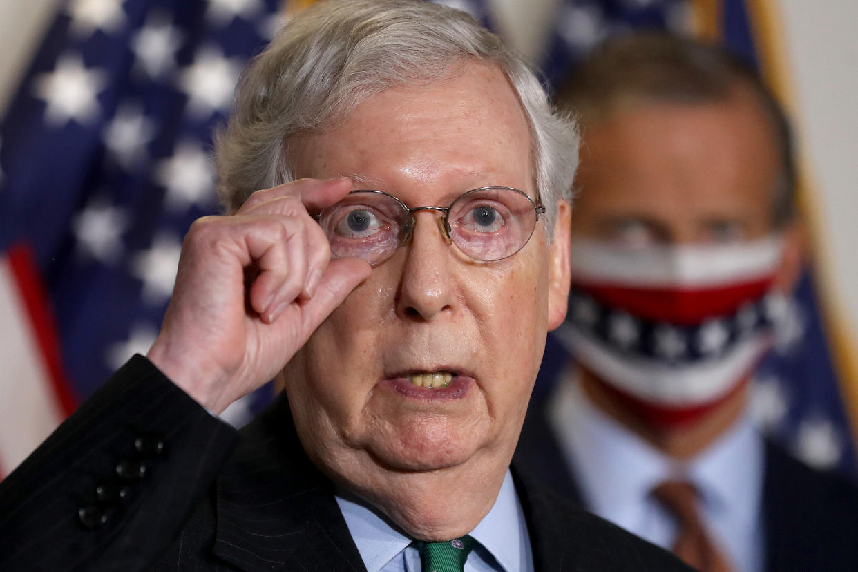 Senate Majority Leader Mitch McConnell (R-Ky.) talks to reporters on Capitol Hill on Sept. 30. (Photo: Chip Somodevilla via Getty Images)