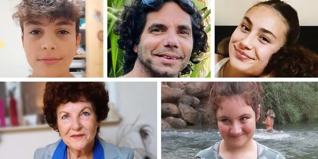 Clockwise from top left, Erez Kalderon, 12, Ofer Kalderon, 50, Sahar Kalderon, 14, Noya Dan, 13, and Carmela Dan, 80. (Courtesy Abbey Onn)