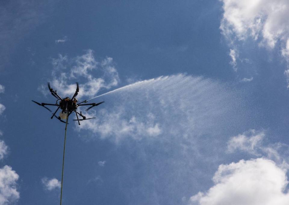 Lucid Bots’ Sherpa Drone undergoes a maintenance check at the Charlotte manufacturing facility on Tuesday, July 24, 2024.