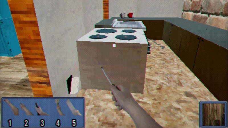 A screenshot of a person fixing an oven with a screwdriver. 