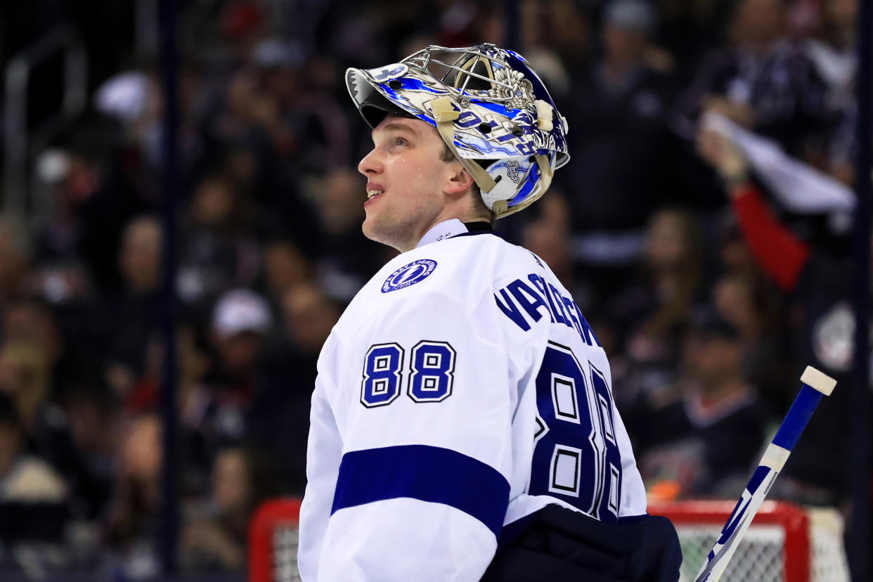 Apr 14, 2019; Columbus, OH, USA; Tampa Bay Lightning goaltender Andrei Vasilevskiy (88) looks to the video board during a stop in play against the Columbus Blue Jackets during the third period in game three of the first round of the 2019 Stanley Cup Playoffs at Nationwide Arena. Mandatory Credit: Aaron Doster-USA TODAY Sports