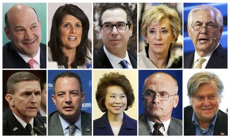 U.S. president-elect Donald Trump's appointees are seen in this combination image. Top row (L-R) Gary Cohn, appointed National Economic Council Director, Nikki Haley, appointed U.S. Ambassador to the United Nations, Steven Mnuchin, appointed Treasury Secretary, Linda McMahon, appointed Small Business Administration Administrator, Rex Tillerson, appointed Secretary of State. Bottom Row (L-R) Michael Flynn, appointed National Security Advisor, Reince Priebus, appointed White House Chief of Staff, Elaine Chao, appointed Transportation secretary, Andrew Puzder, appointed Labor Secretary, Stephen Bannon, appointed Chief White House Strategist, Senior Counselor. REUTERS/Files