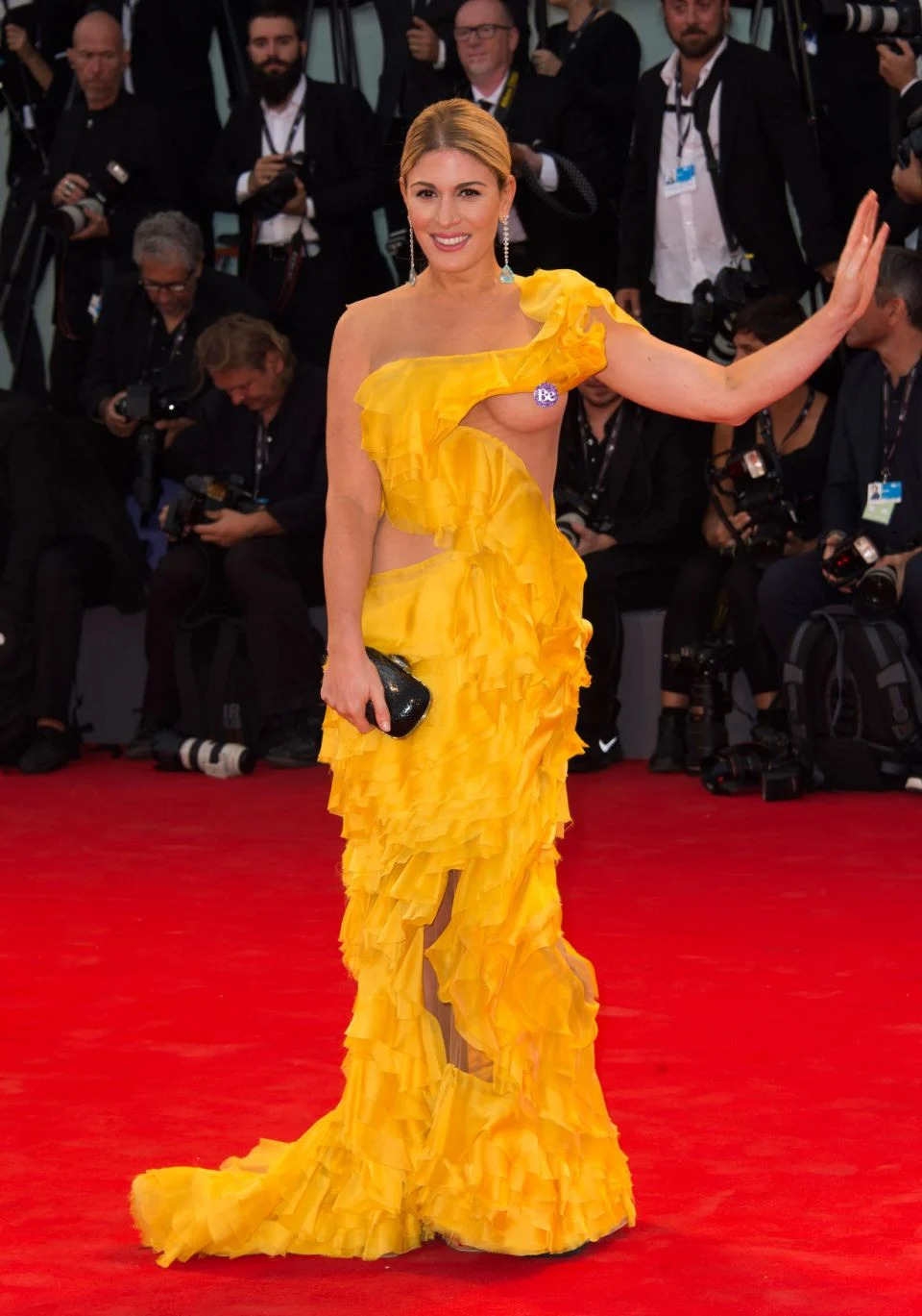 The socialite suffered an awkward wardrobe malfunction on the red carpet at the Venice Film Festival. Source: Mega