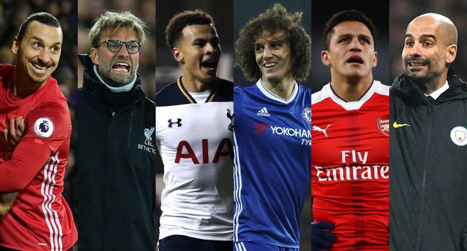 Zlatan Ibrahimovic, Jurgen Klopp, Dele Alli, David Luiz, Alexis Sanchez and Pep Guardiola