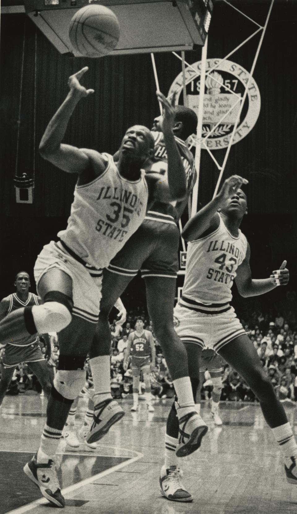 Bradley's Hersey Hawkins, middle, battles with Illinois State defenders during this 1987 game at Horton Field House in Normal.