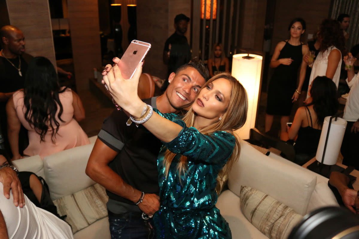 Power selfie! Jennifer Lopez posed for a snap with soccer superstar Christiano Ronaldo while celebrating her 47th birthday in Las Vegas on July 24, 2016.