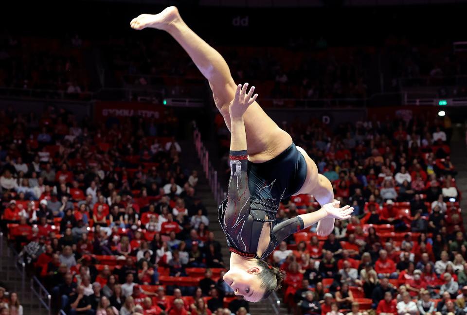 Utah’s Maile O’Keefe does a 10.0 beam routine as the Utah Red Rocks compete against Oregon State in a gymnastics meet at the Huntsman Center in Salt Lake City on Friday, Feb. 2, 2024. Utah won. | Kristin Murphy, Deseret News