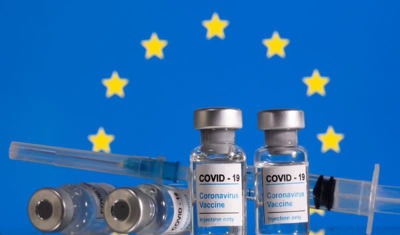 FILE PHOTO: Vials labelled "COVID-19 Coronavirus Vaccine" and sryinge are seen in front of displayed EU flag in this illustration