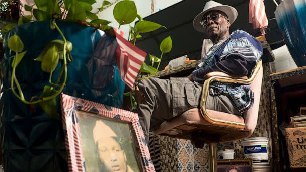Walter Myles, a long time resident of Buffalo, New York, speaks of adding a memorial to honor those killed in the May 14, 2022, Tops market massacre, to his front yard garden, named after his niece, Samantha Cothran, who was fatally shot in 2012. (Malik Rainey for ABC News)
