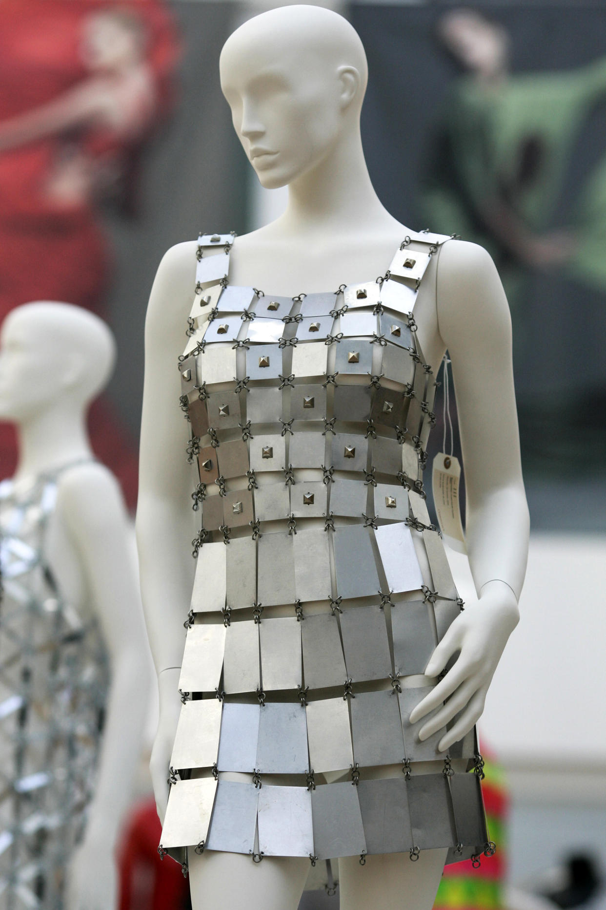 FILE - A Paco Rabanne rare aluminum tunic dress is seen on display at Christie's auction house in London, Tuesday, Oct. 28, 2008. The Spanish-born pace-setting designer Paco Rabanne, known for perfumes sold worldwide and his metallic, space-age fashions, has died, the group that owns his fashion house announced on its website Friday Feb.3, 2023. He was 88. (AP Photo/Sang Tan, File)