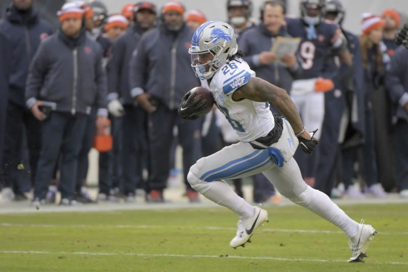 Detroit Lions running back Jahmyr Gibbs had a costly second-half fumble in a loss to the San Francisco 49ers on Sunday in Santa Clara, Calif. File Photo by Mark Black/UPI