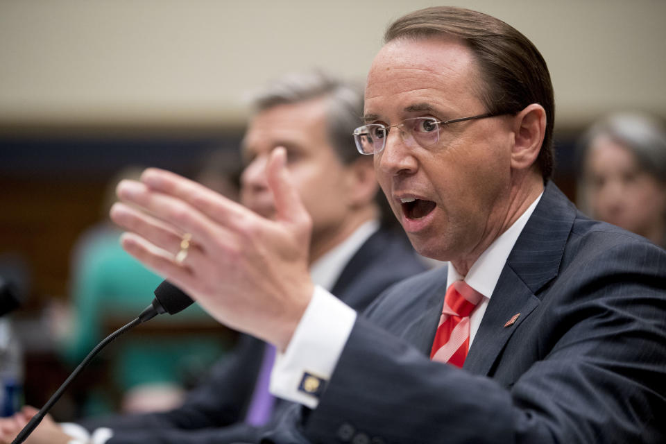 Deputy Attorney General Rod Rosenstein testifies before a House Judiciary Committee hearing in Washington, D.C., on Thursday. (AP Photo/Andrew Harnik)