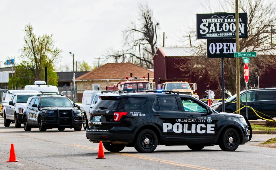 Oklahoma City police investigate the scene at Whiskey Barrel Saloon in Oklahoma City after a deadly 2023 shooting.