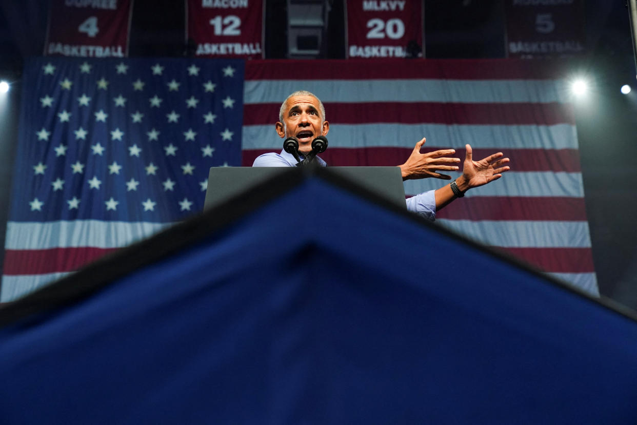 Obama speaks during a campaign event for Fetterman and Shapiro in Philadelphia.