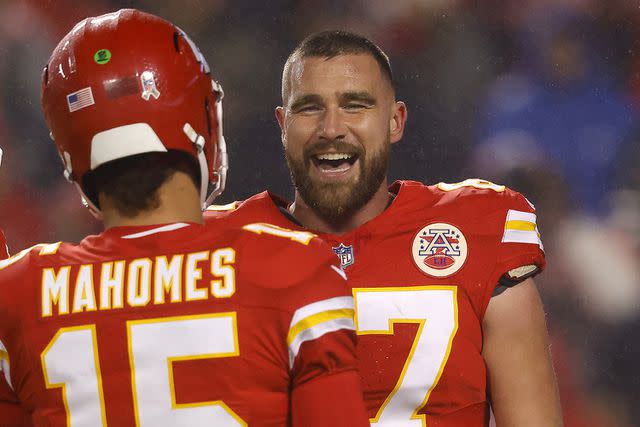 <p>David Eulitt/Getty Images</p> Travis Kelce talks to Patrick Mahomes before their game against the Philadelphia Eagles at GEHA Field at Arrowhead Stadium on November 20, 2023 in Kansas City, Missouri.