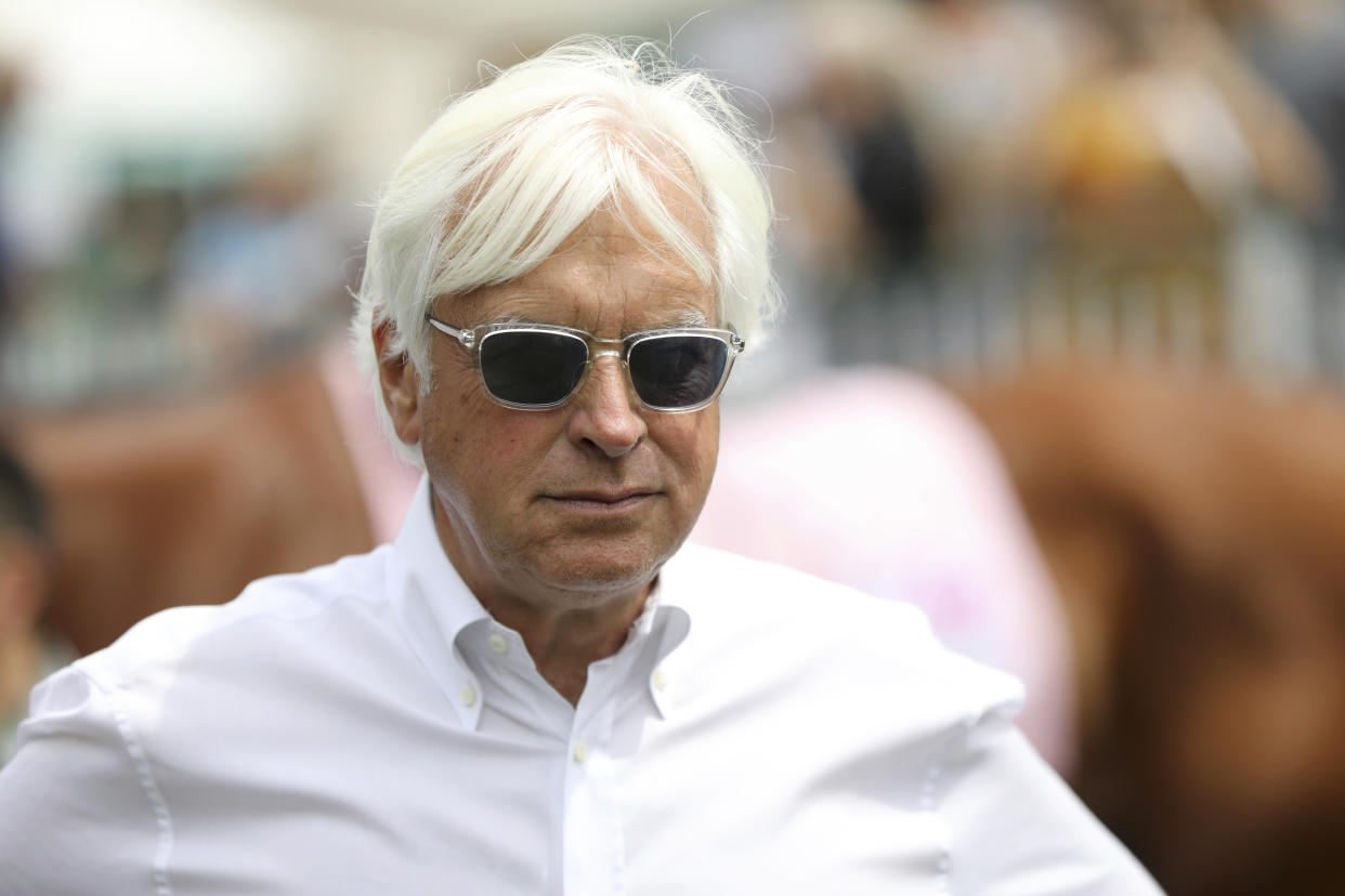 Trainer Bob Baffert is seen in the Churchill Downs paddock Wednesday, May 1, 2019, in Louisville, Ky. Baffert will be saddling 3 runners in the 145th running of the Kentucky Derby is scheduled for Saturday, May 4. (AP Photo/Gregory Payan)