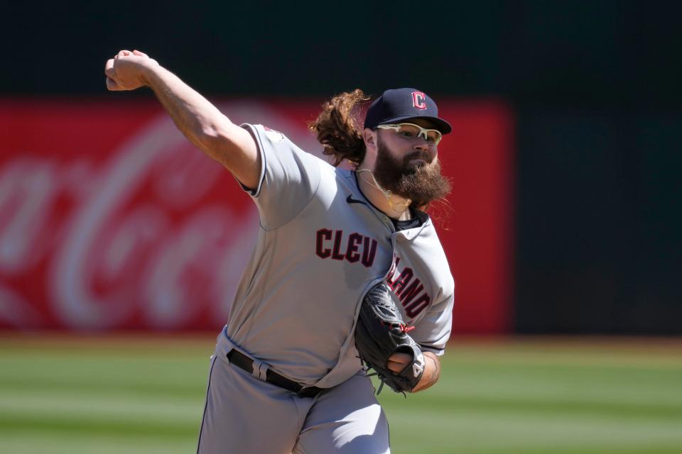 Guardians pitcher Hunter Gaddis works against the A's during the first inning in Oakland, Wednesday, April 5, 2023.