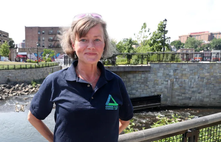 Brigitte Griswold, Groundwork Hudson Valley CEO, talks about the daylighting of the Saw Mill River in the Getty Square section of Yonkers July 1, 2022. 