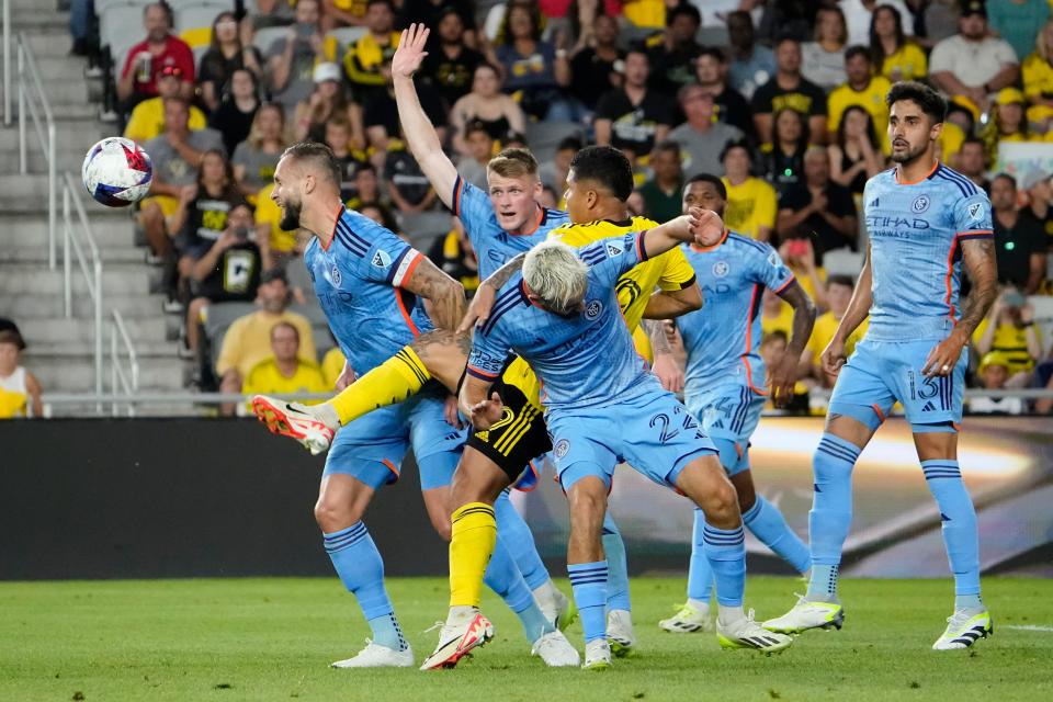 July 8, 2023;  Columbus, Ohio, USA;  Columbus Crew forward Cucho Hernandez (9) kicks the ball into the face of New York City FC defender Maxime Chanot (4) resulting in his second yellow card of the game during the second half of the MLS soccer match at Lower.com Field.  The Crew tied 1-1.