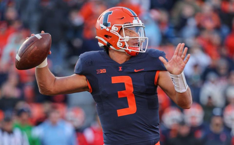 champaign, il november 05 tommy devito 3 of the illinois fighting illini is seen during the game against the michigan state spartans at memorial stadium on november 5, 2022 in champaign, illinois photo by michael hickeygetty images