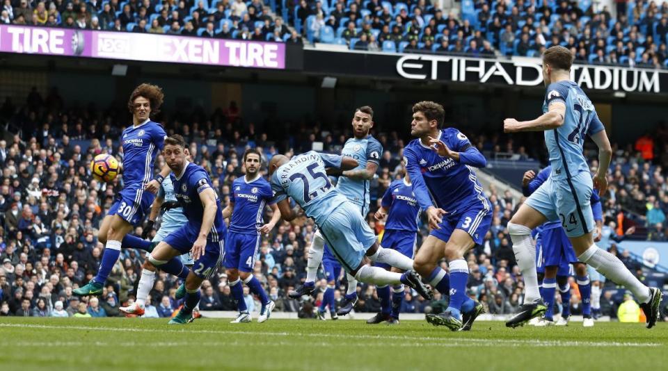 Britain Football Soccer - Manchester City v Chelsea - Premier League - Etihad Stadium - 3/12/16 Manchester City's Fernandinho scores a disallowed goal Action Images via Reuters / Jason Cairnduff Livepic EDITORIAL USE ONLY. No use with unauthorized audio, video, data, fixture lists, club/league logos or "live" services. Online in-match use limited to 45 images, no video emulation. No use in betting, games or single club/league/player publications. Please contact your account representative for further details.