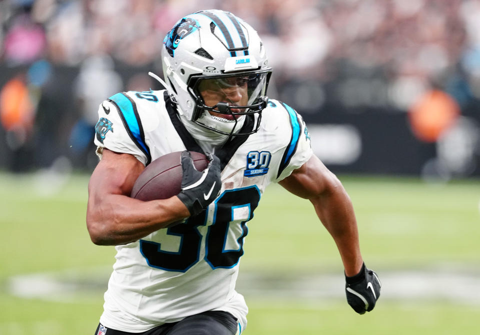 Chuba Hubbard #30 of the Carolina Panthers runs with the ball during the third quarter against the Las Vegas Raiders at Allegiant Stadium on September 22, 2024 in Las Vegas, Nevada. (Photo by Louis Grasse/Getty Images)