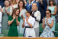 <p>The following summer, Kate, Meghan, and Pippa all <a href="https://www.townandcountrymag.com/society/tradition/g28379402/kate-middleton-meghan-markle-wimbledon-2019-photos/" rel="nofollow noopener" target="_blank" data-ylk="slk:stepped out at Wimbledon;elm:context_link;itc:0;sec:content-canvas" class="link ">stepped out at Wimbledon</a> to watch Serena Williams' match. The Duchesses spent the day chatting with each other and fellow royals and cheering on the players.</p>