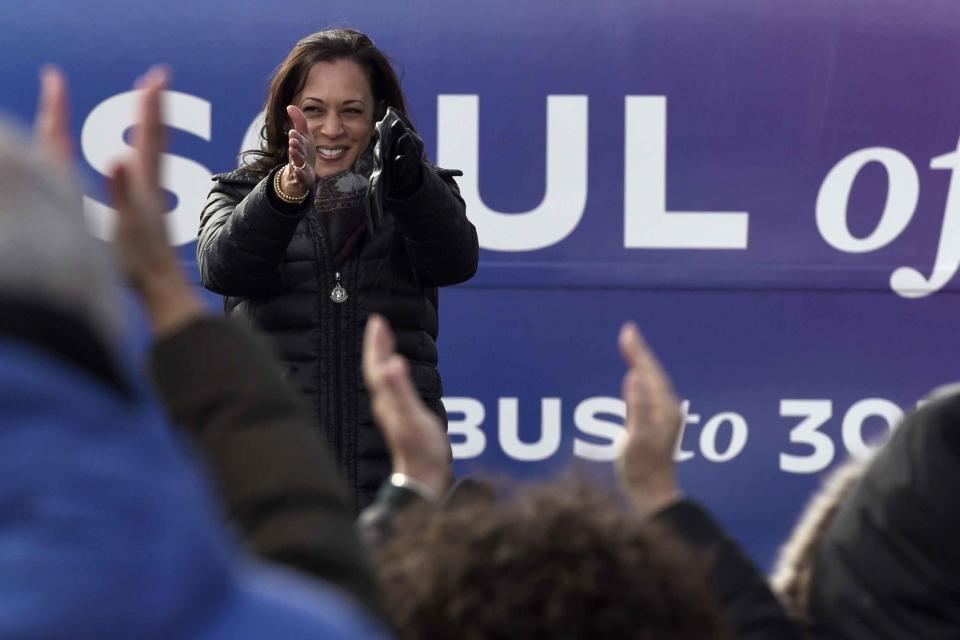 Democratic vice presidential candidate Sen. Kamala Harris, D-Calif., speaks during a drive-in get out the vote rally in the parking lot of the UFCW local 1776, Monday, Nov. 2, 2020, in Pittson, Pa. (AP Photo/Michael Perez)
