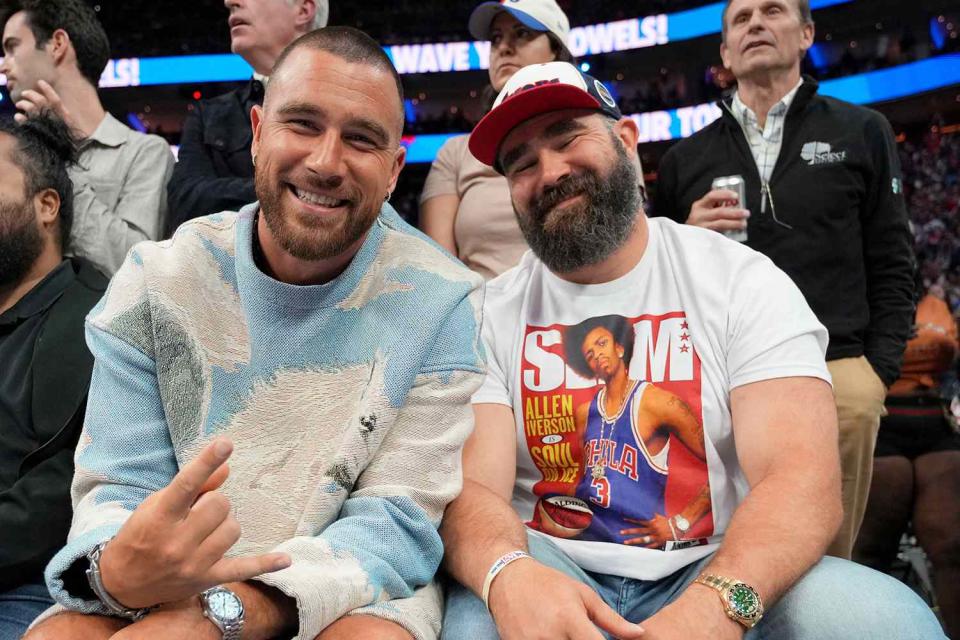 <p>Jesse D. Garrabrant/NBAE via Getty </p> Travis Kelce and Jason Kelce