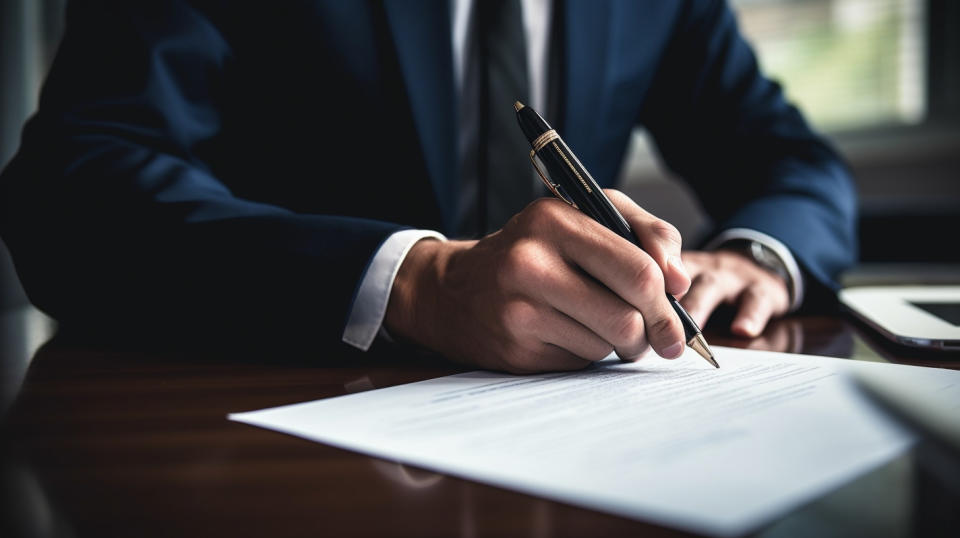 An executive in a sharp suit, signing a contract to close a successful leveraged buyout transaction.