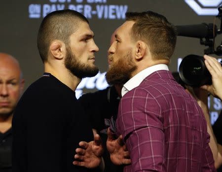 Sep 20, 2018; New York, NY, USA; Khabib Nurmagomedov and Conor McGregor face off during a press conference for UFC 229 at Radio City Music Hall. Mandatory Credit: Noah K. Murray-USA TODAY Sports