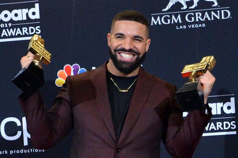 Drake appears backstage after winning the awards for Top Artist, Top Male Artist and Top Billboard 200 Album for “Scorpion,” during the 2019 Billboard Music Awards at the MGM Grand Garden Arena in Las Vegas on May 1, 2019. The musician turns 37 on October 24. File Photo by Jim Ruymen/UPI