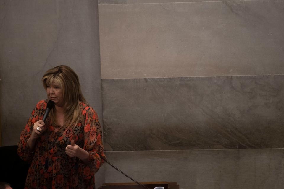 Rep. Gloria Johnson, D-Knoxville, speaks in opposition of HB 883 at the Tennessee state Capitol in Nashville, Tenn., Monday, March 20, 2023.