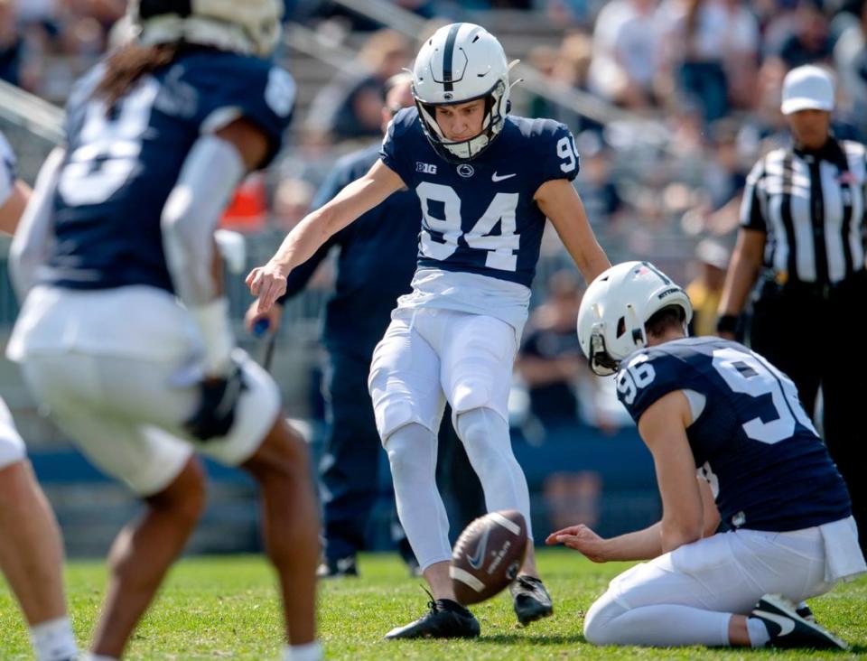 Penn State kicker Sander Sahaydak makes a 47 yard field goal during the Blue-White game on Saturday, April 23, 2022.