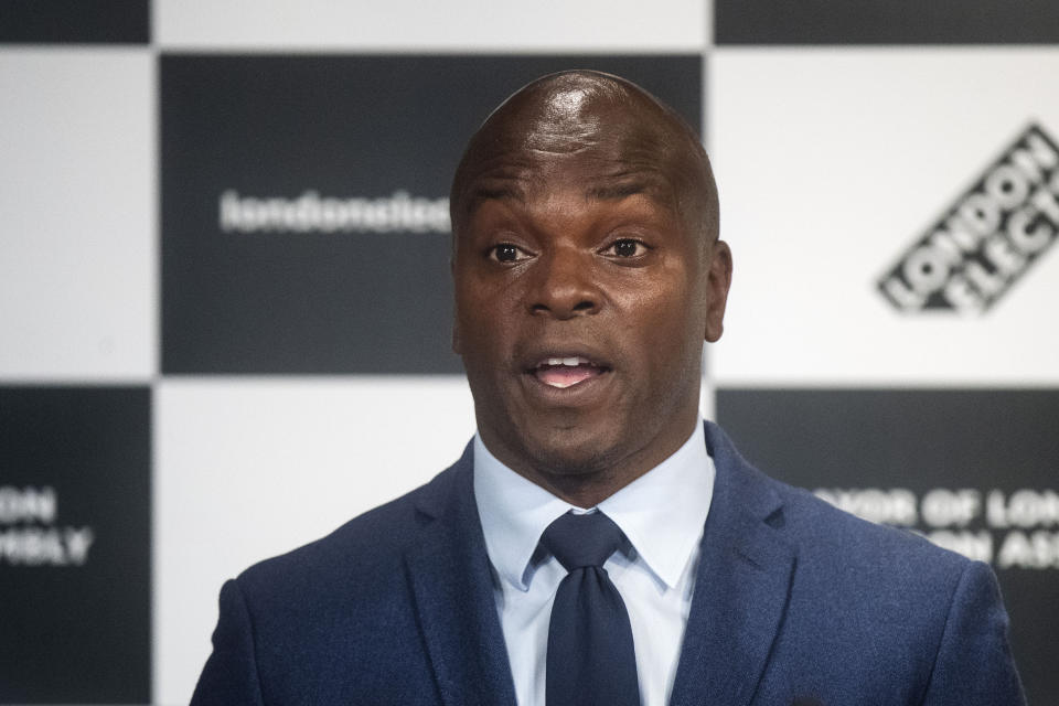 Conservative's Shaun Bailey speaks after Labour's Sadiq Khan was declared as the next Mayor of London at City Hall, London. Picture date: Saturday May 8, 2021. (Photo by Victoria Jones/PA Images via Getty Images)