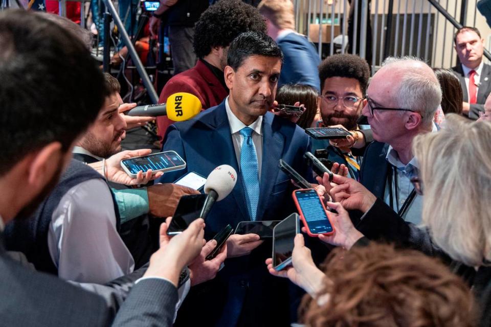 U.S. Rep. Ro Khanna, D-CA speaks to members of the media, during an appearance at the South Carolina Democratic Party’s First-in-the-Nation Celebration Dinner on Saturday, Jan. 27, 2024.